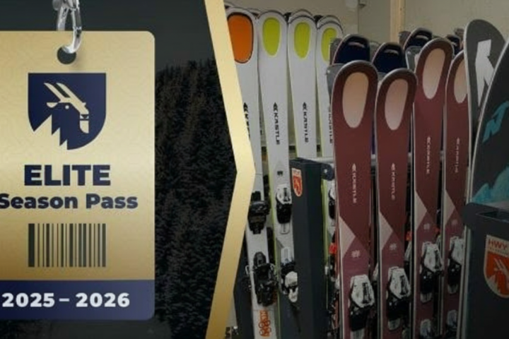 Ski season pass next to a rack of skis, 2025-2026.
