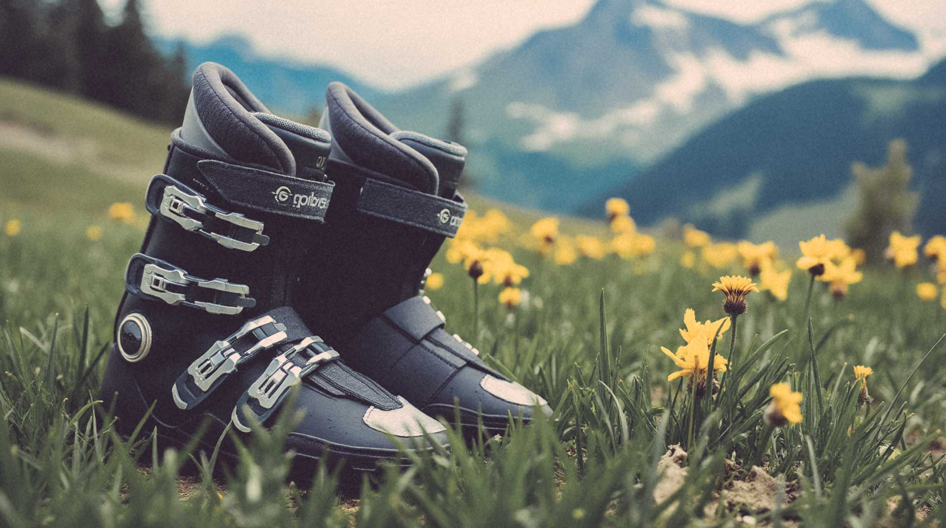 ski boots in a field of flowers a close up of some shoes