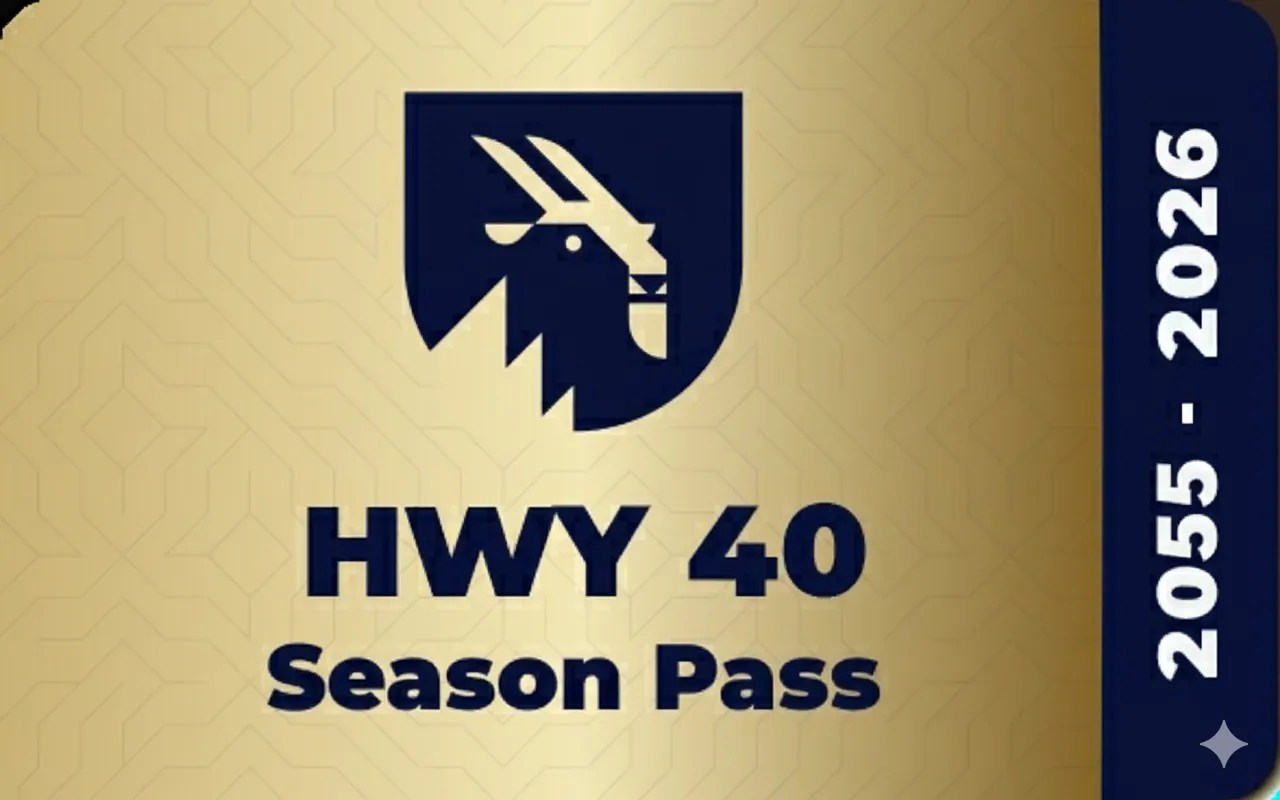 Gold HWY 40 Season Pass 2055-2026 with goat logo.