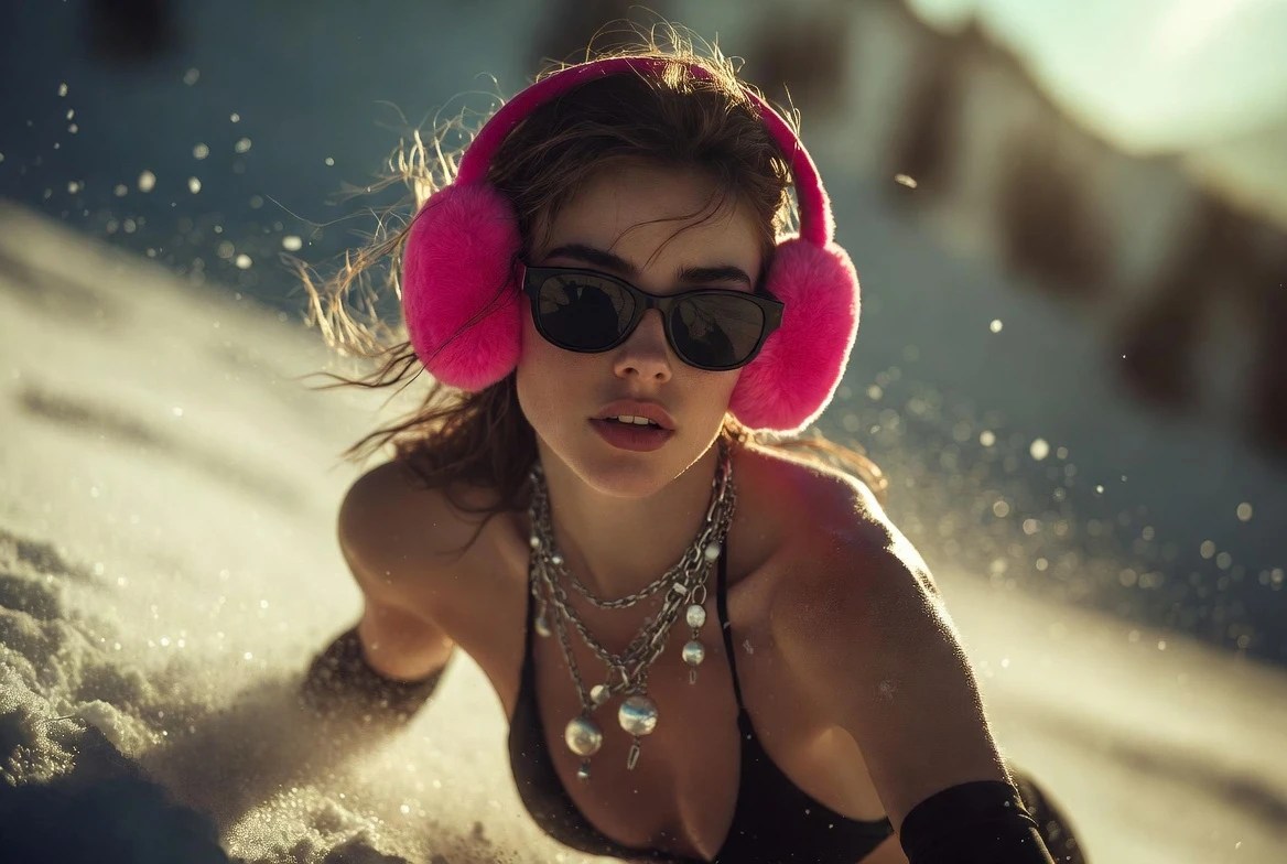 Woman in sunglasses and pink earmuffs, wearing necklaces, on a snowy slope.