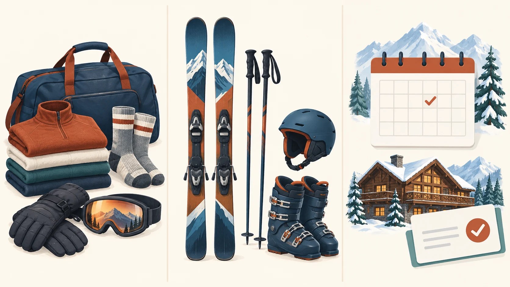Ski trip packing checklist showing what to bring, reserve, and confirm