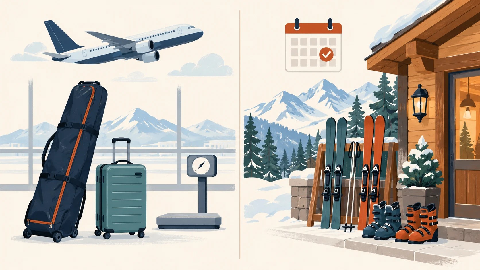 Illustration comparing bringing skis on a flight with reserving rental equipment at the destination