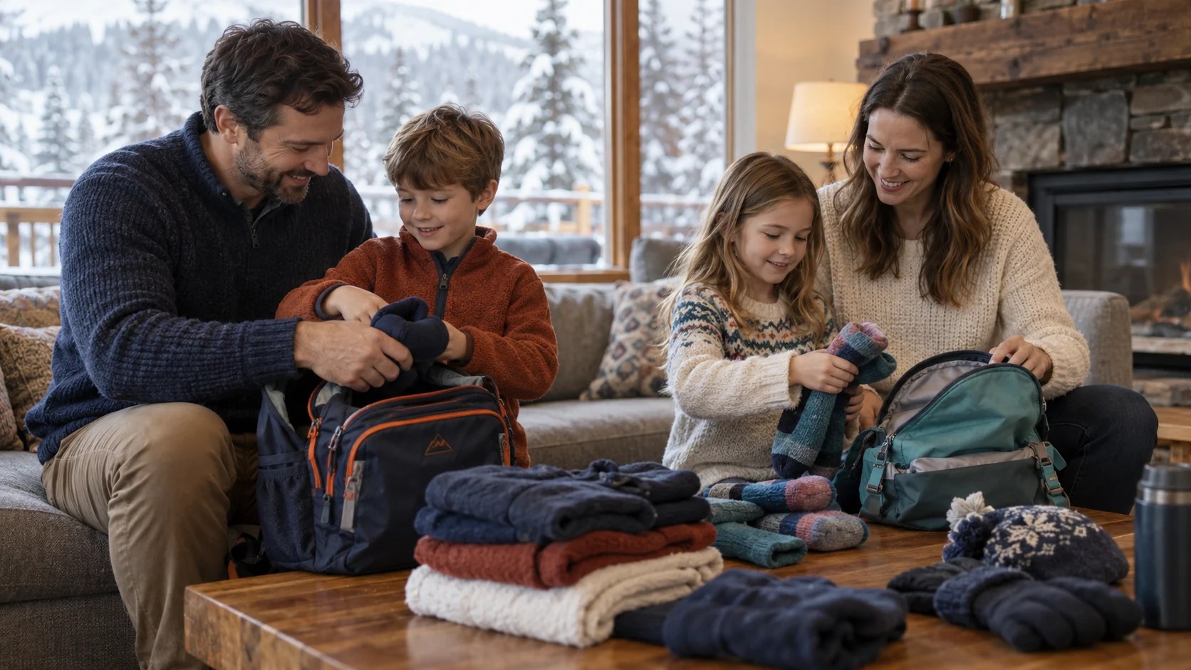Parent organizing children's gloves, goggles, and ski layers before a family trip
