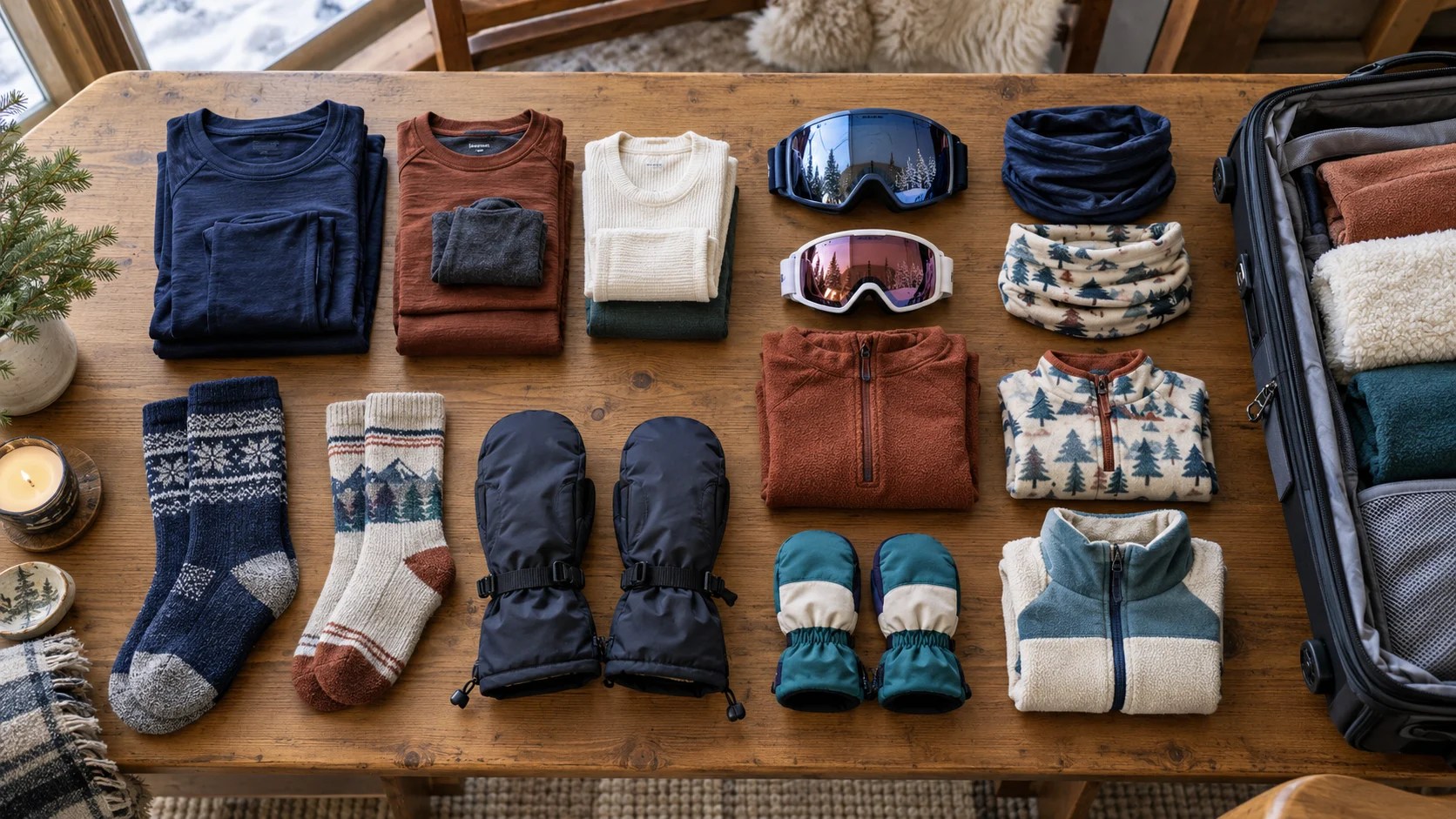 Family ski trip packing list with clothing, goggles, and mittens arranged beside a suitcase