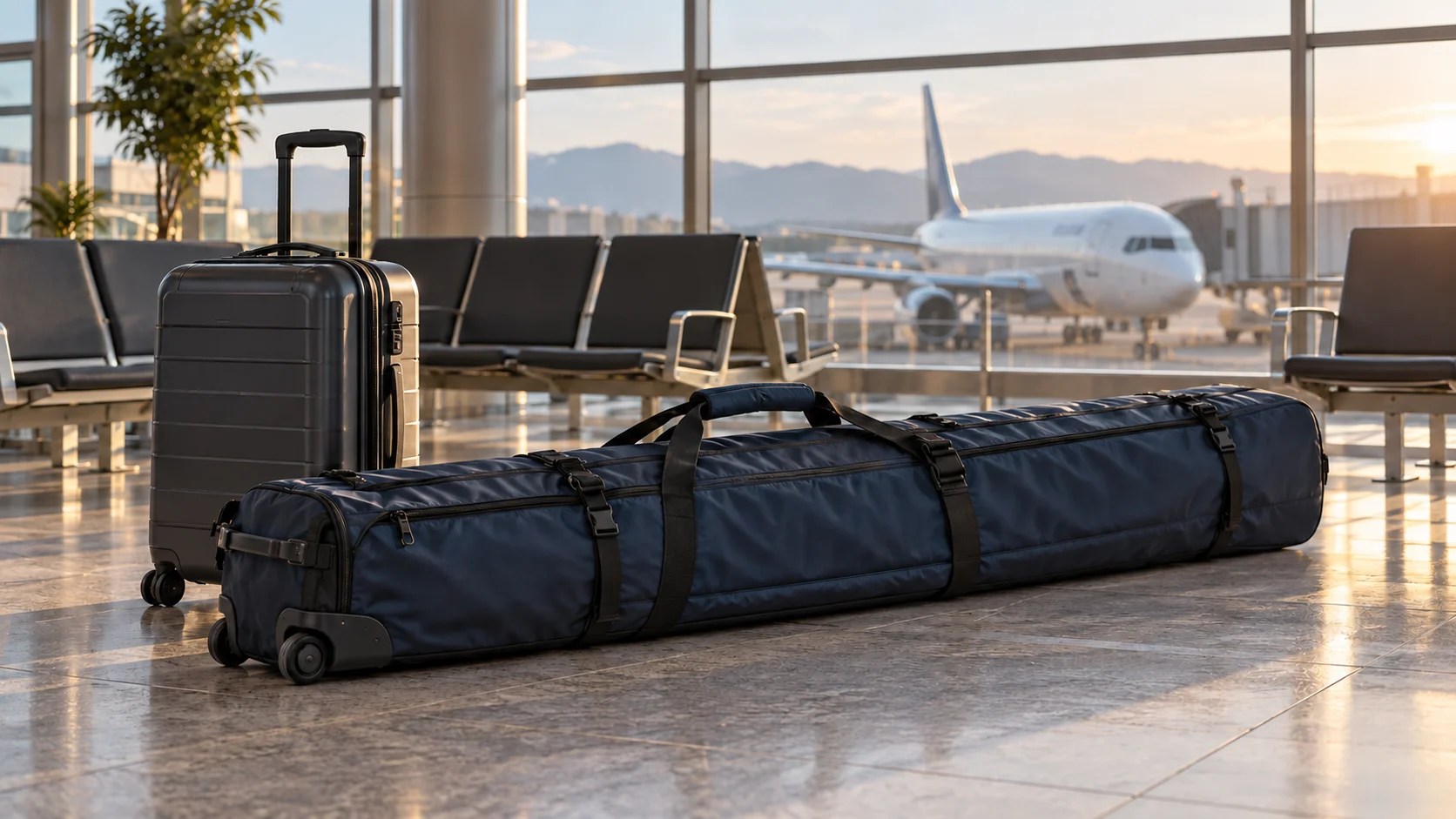 Flying with skis, with a padded ski travel bag and rolling suitcase at an airport