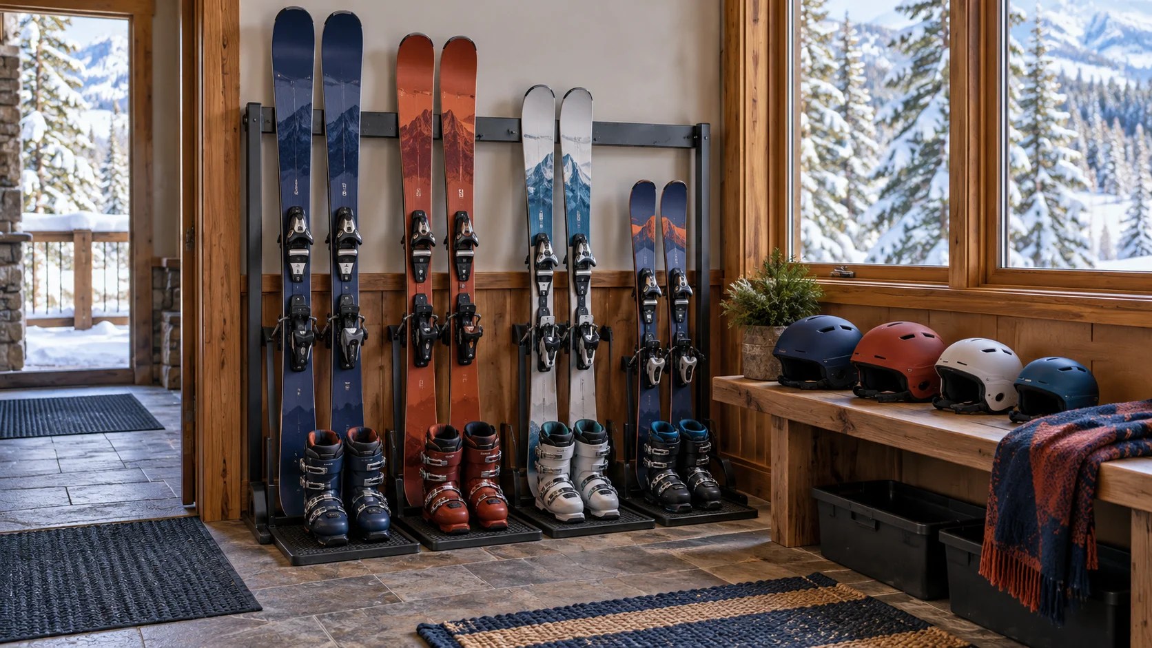 Adult and junior ski equipment organized for a group rental fitting