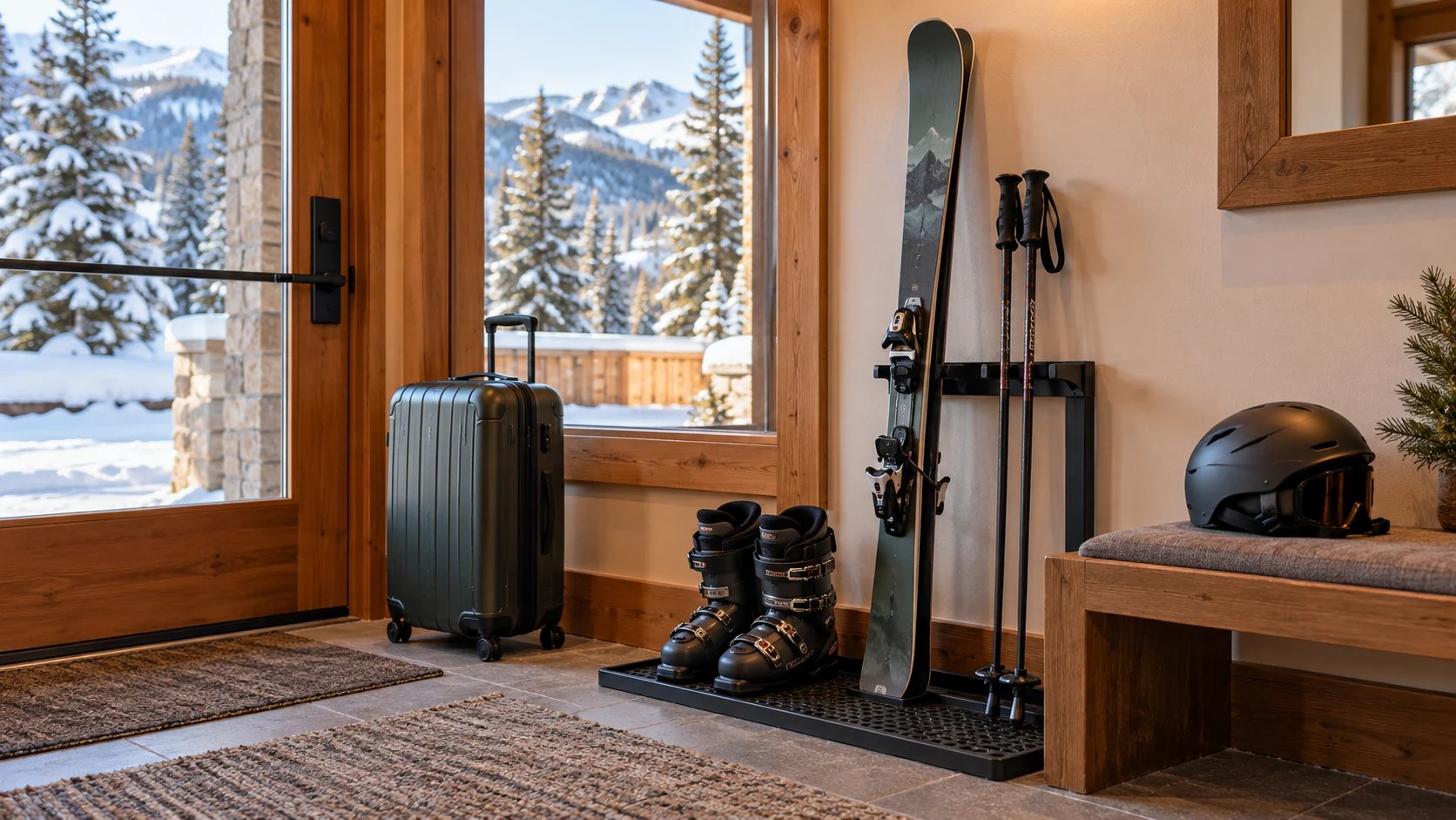 Ski equipment and a compact suitcase arranged at mountain lodging